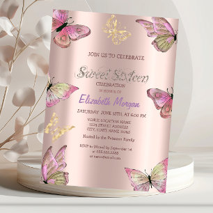 Watercolor Gold Butterflies Rose Gold Sweet 16 Invitation