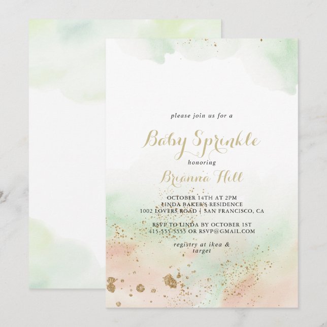 Watercolor Gold Confetti Baby Sprinkle  Invitation (Front/Back)