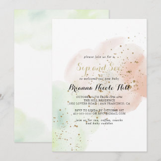 Watercolor Gold Confetti Sip and See Invitation