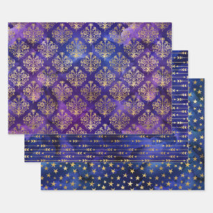 Watercolor Gold Damask & Starry Patterns Wrapping Paper Sheet