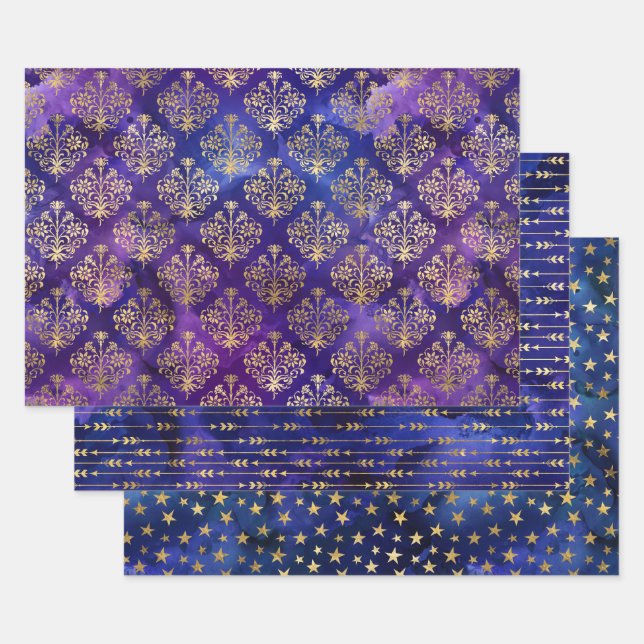 Watercolor Gold Damask & Starry Patterns Wrapping Paper Sheet (Set)