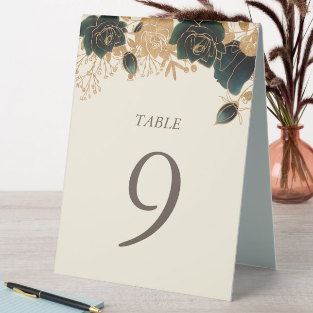 Watercolor Gold Emerald Roses Number (In SItu (Table))