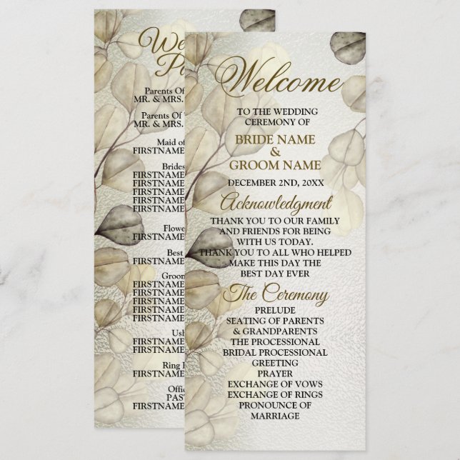 Watercolor Gold Eucalyptus Foliage Wedding Shiny Programme (Front/Back)