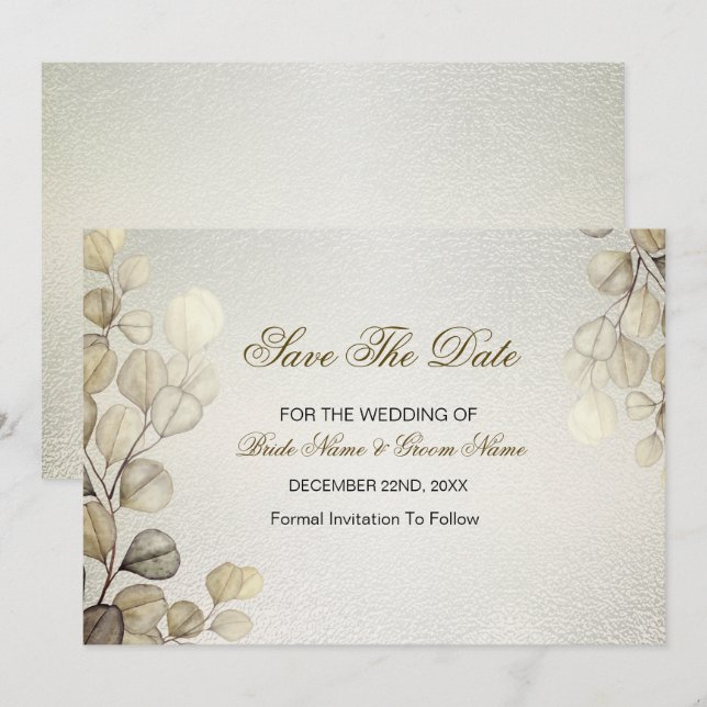 Watercolor Gold Eucalyptus Foliage Wedding Shiny Save The Date (Front/Back)