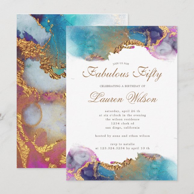 watercolor gold faux foil fabulous birthday invitation (Front/Back)