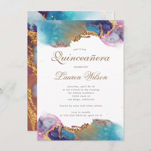watercolor gold faux foil Quinceanera Invitation (Front/Back)