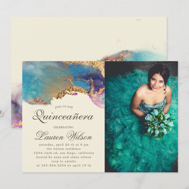 watercolor gold faux  Quinceanera Photo Invitation (Front/Back)