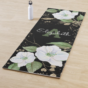 Watercolor Gold Floral Black Monogram Name Script Yoga Mat