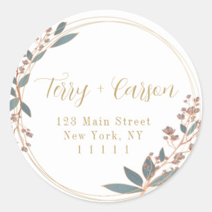 Watercolor Gold Floral Round Return Address Label 