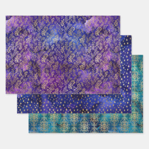 Watercolor Gold Floral & Starry Patterns Wrapping Paper Sheet