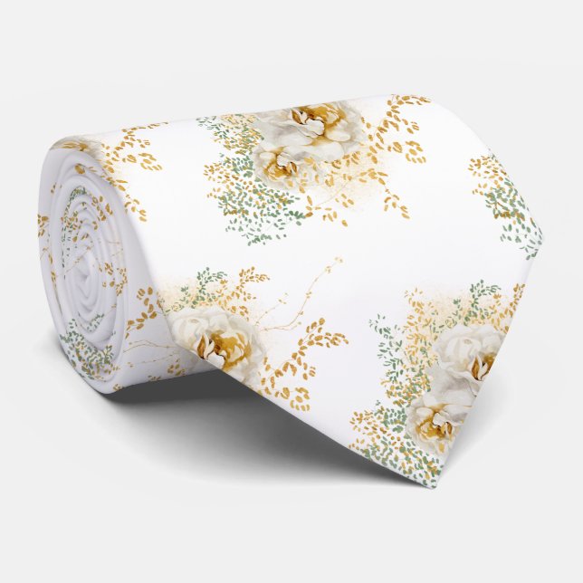 Watercolor Gold Floral Tie (Rolled)