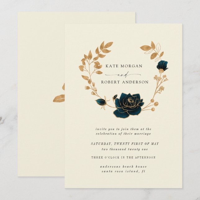Watercolor Gold Floral Wreath Wedding Invitation (Front/Back)