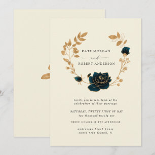 Watercolor Gold Floral Wreath Wedding Invitation