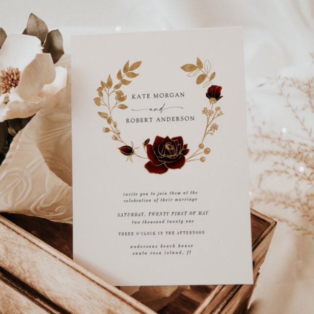 Watercolor Gold Floral Wreath Wedding Invitation (Creator Uploaded)
