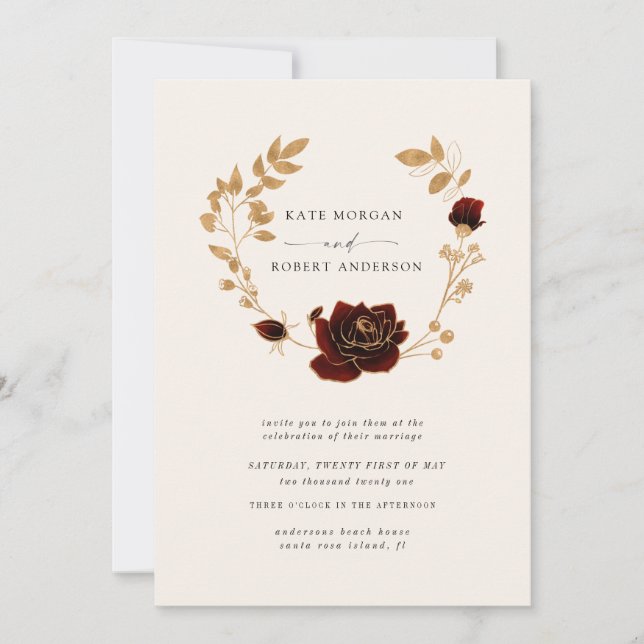 Watercolor Gold Floral Wreath Wedding Invitation (Front)