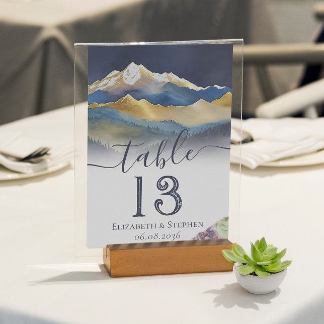 Watercolor Gold Foil Mountain Wedding Table Number (Creator Uploaded)