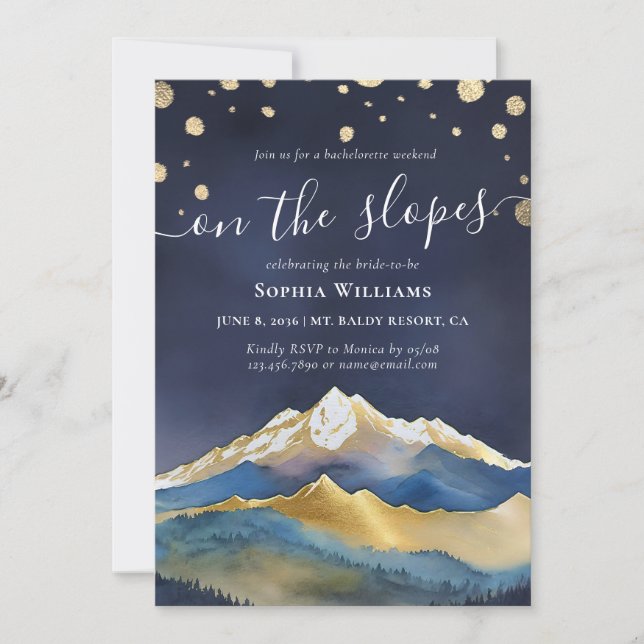 Watercolor Gold Foil Mountains Bachelorette Party Invitation (Front)