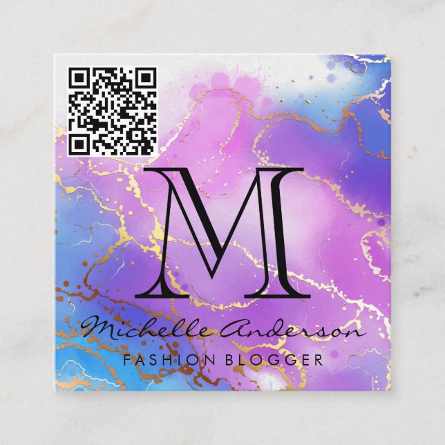 Watercolor | Gold Foil | QR Scan  Square Business Card (Front)