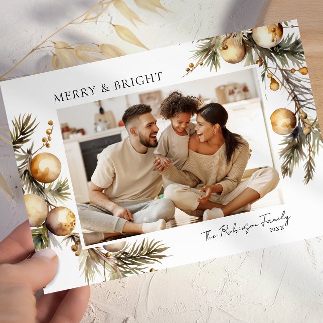 Watercolor Gold Foliage Photo Christmas Holiday Card (Creator Uploaded)