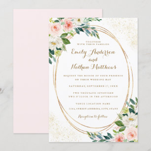 Watercolor Gold Frame Blush Floral Wedding Invitation