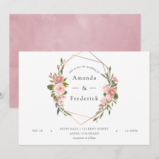 Watercolor Gold Geometric Blush Pink Roses Wedding Invitation (Front/Back)