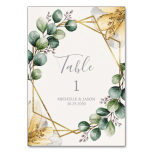 Watercolor Gold Geometric Floral Eucalyptus Green Table Number