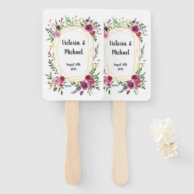 watercolor gold geometric floral Wedding Hand Fans (Front and Back)