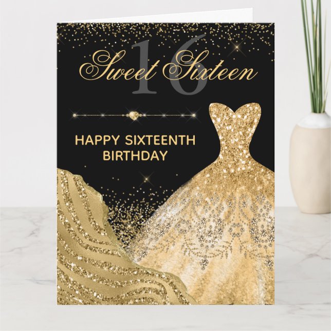 Watercolor Gold Glitter Dress Sweet 16 Birthday Card (Front)