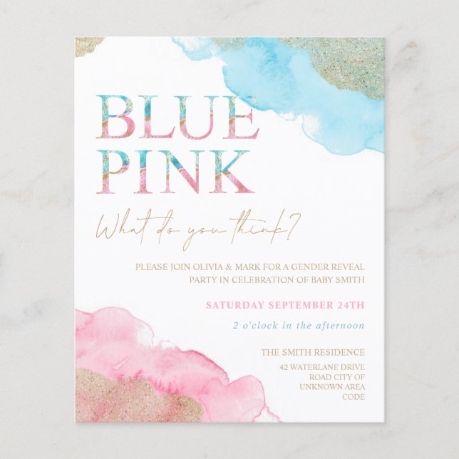 Watercolor Gold Glitter Gender Reveal Invitation (Front)