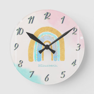 Watercolor Gold Glitter Rainbow Round Clock