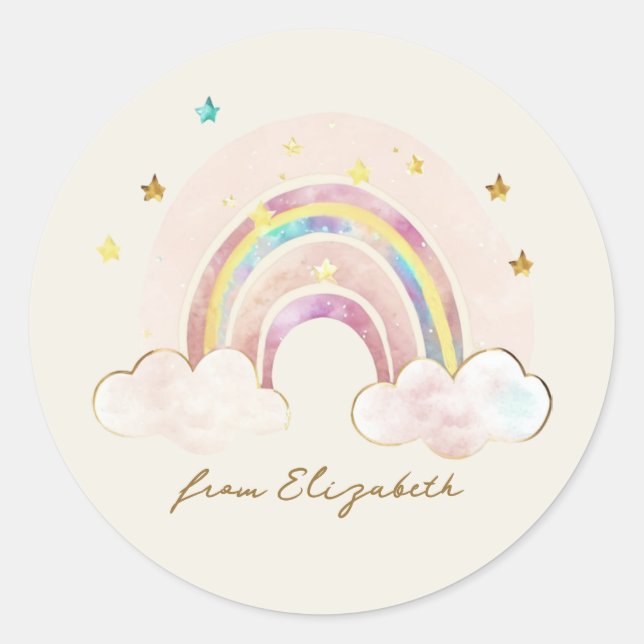 Watercolor Gold Glitter Rainbow To From  Classic Round Sticker (Front)