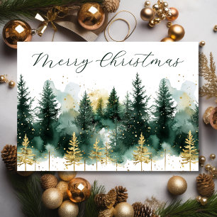 Watercolor Gold Green Forest Merry Christmas Holiday Card