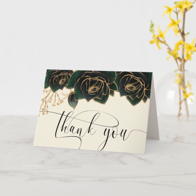Watercolor Gold Green Roses Thank You Card (Yellow Flower)