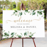 Watercolor Gold Greenery Wedding Welcome Sign<br><div class="desc">Designed to coordinate with our Moody Greenery wedding collection, this customisable welcome sign template features watercolor eucalyptus branches & has been paired with a whimsical calligraphy and a classy serif font in gold & dark grey. To make advanced changes, please select "Click to customise further" option under Personalise this template....</div>