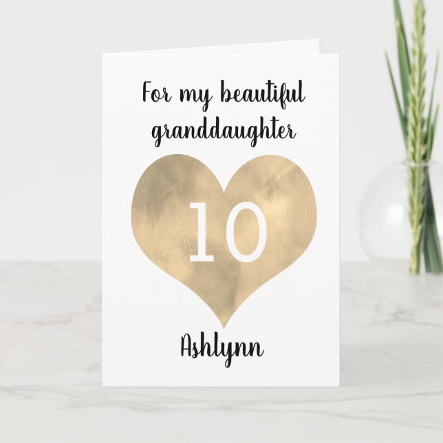Watercolor Gold Heart 10th Birthday Card (Front)