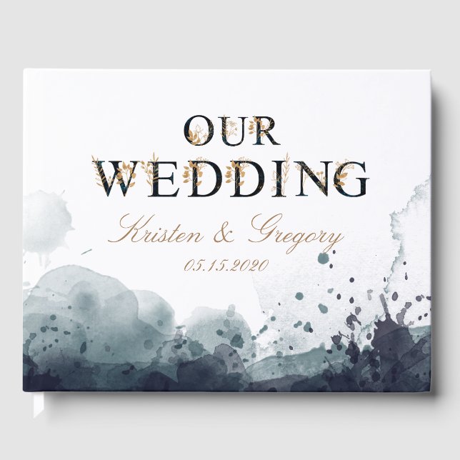 Watercolor gold monogram wedding guest book (Front)