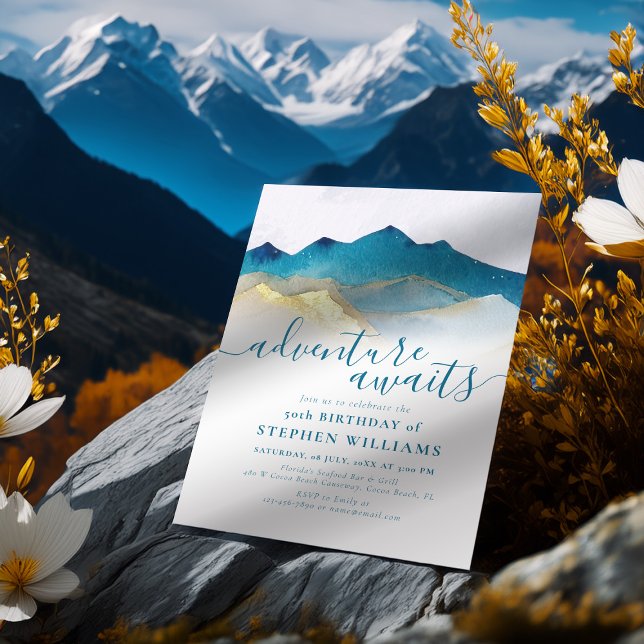 Watercolor Gold Mountain Adventure Awaits Birthday Invitation (Creator Uploaded)