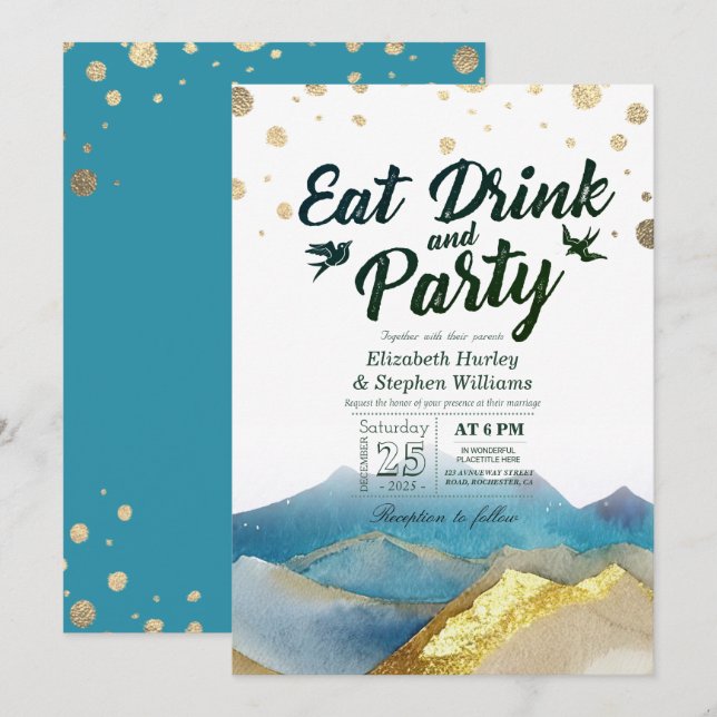 Watercolor Gold Mountain EAT Drink & Party Wedding Invitation (Front/Back)