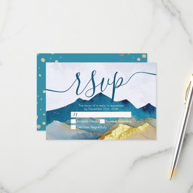 Watercolor Gold Mountain Wedding RSVP Kindly Reply (Front/Back In Situ)