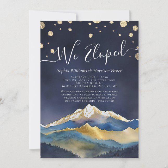 Watercolor Gold Mountains Photo Wedding Elopement Invitation (Front)