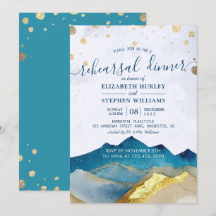 Watercolor Gold Mountains Wedding Rehearsal Dinner Invitation