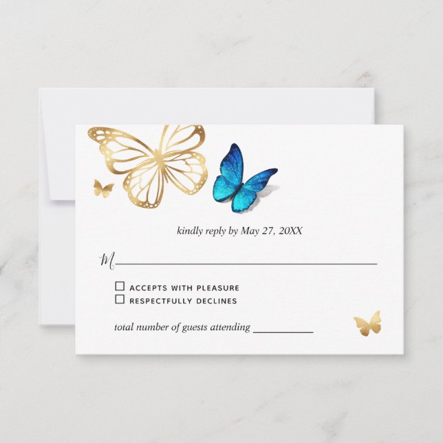 Watercolor Gold Navy Blue Butterfly Rustic Wedding RSVP Card (Front)
