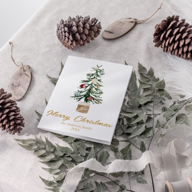 Watercolor Gold Ornaments Tree Merry Christmas Holiday Card (Creator Uploaded)