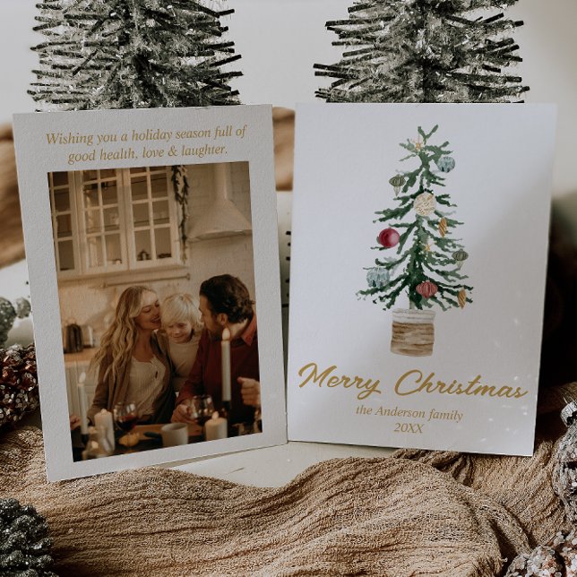 Watercolor Gold Ornaments Tree Photo Christmas Holiday Card (Creator Uploaded)