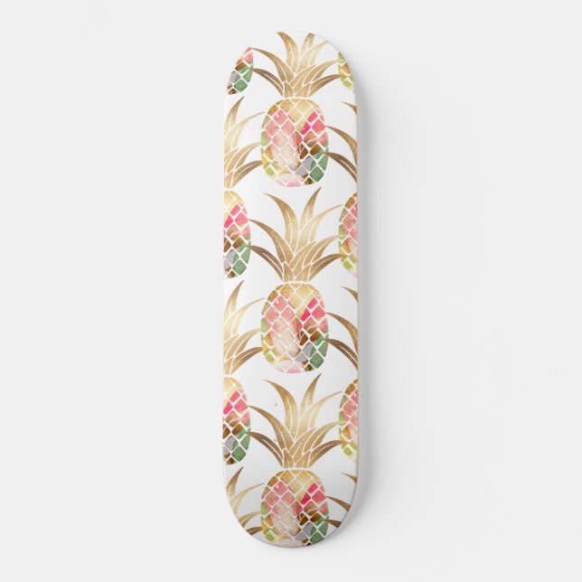 Watercolor Gold Pineapple Pattern Skateboard (Front)