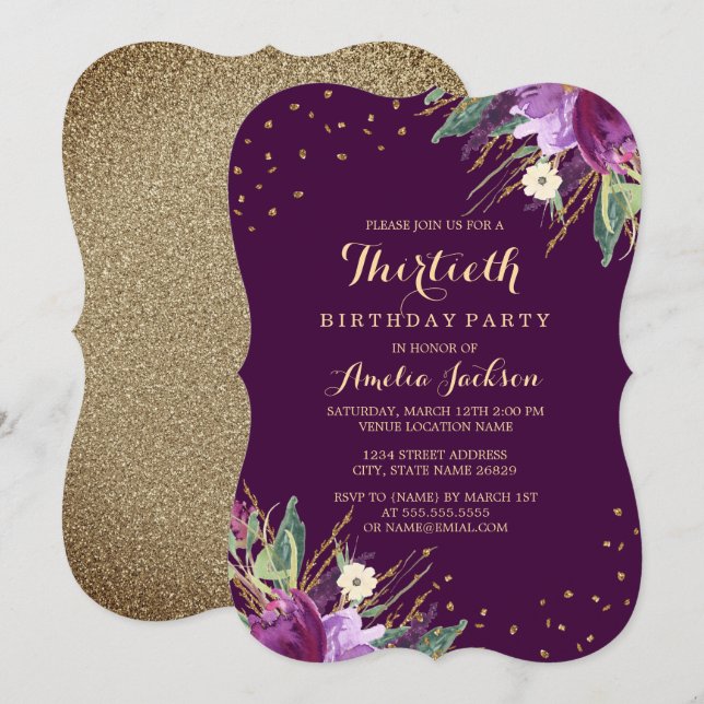 Watercolor Gold Purple Flower 30th Birthday Invitation (Front/Back)