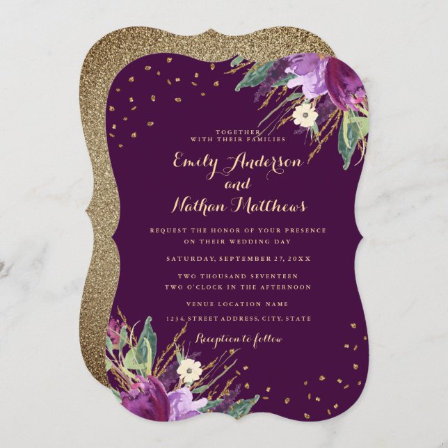 Watercolor Gold Purple Flower Wedding Invitation (Front/Back)