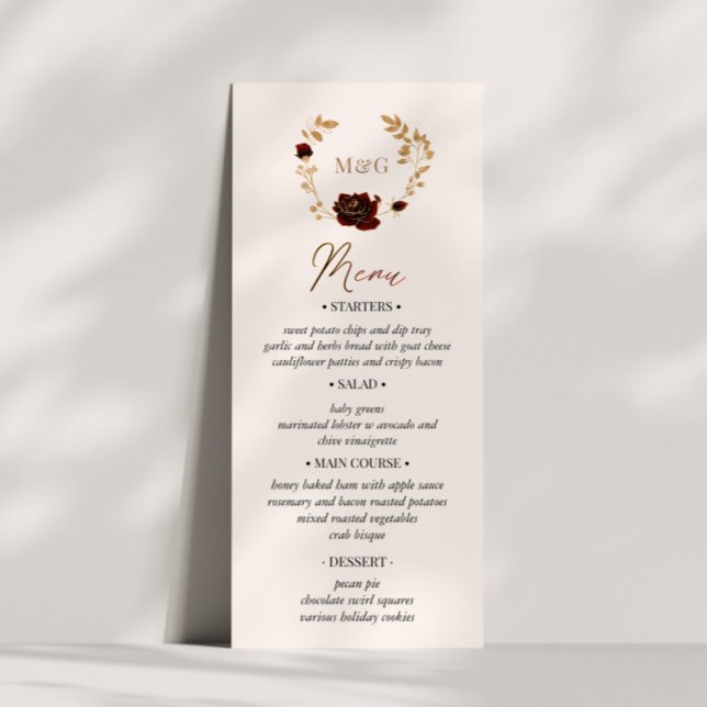 Watercolor Gold Red Roses Wedding Menu Card (Creator Uploaded)