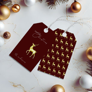Watercolor Gold Reindeer Merry Christmas Red Gift Tags