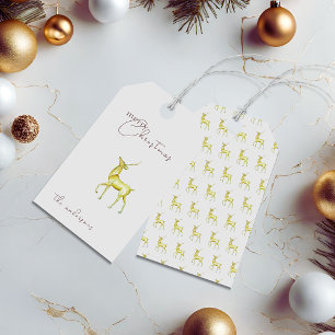 Watercolor Gold Reindeer Merry Christmas Silver Gift Tags